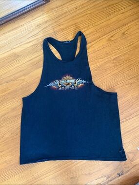 Vintage Harley-Davidson Black Tank Top with Orange and Blue Flame Logo
